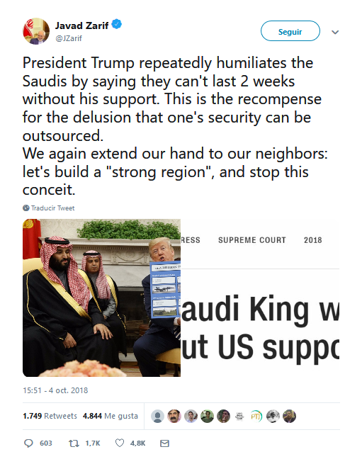 "Trump humilla a los sauditas" según el Canciller iraní